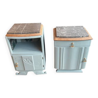 Pair of art deco nightstands revamped in sage green with gray marble tops