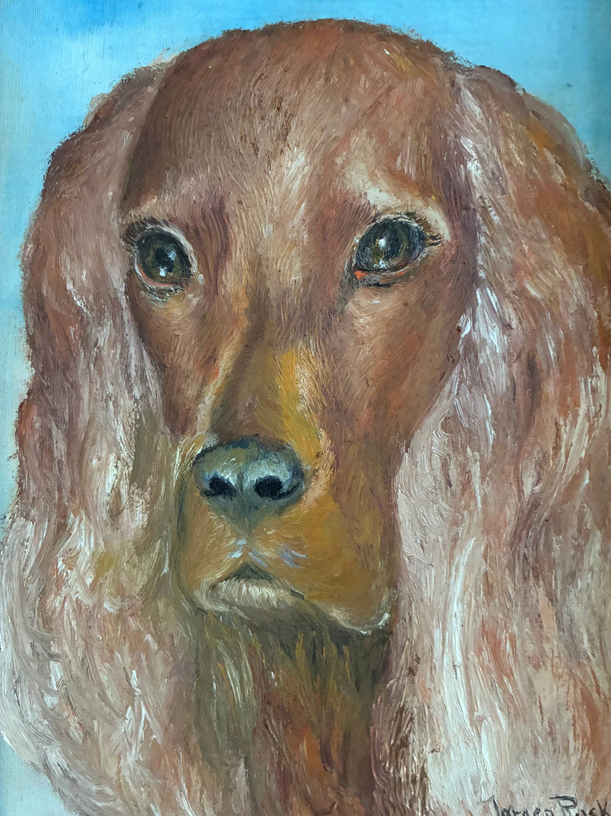 Vintage original dog portrait oil painting, signed animal art