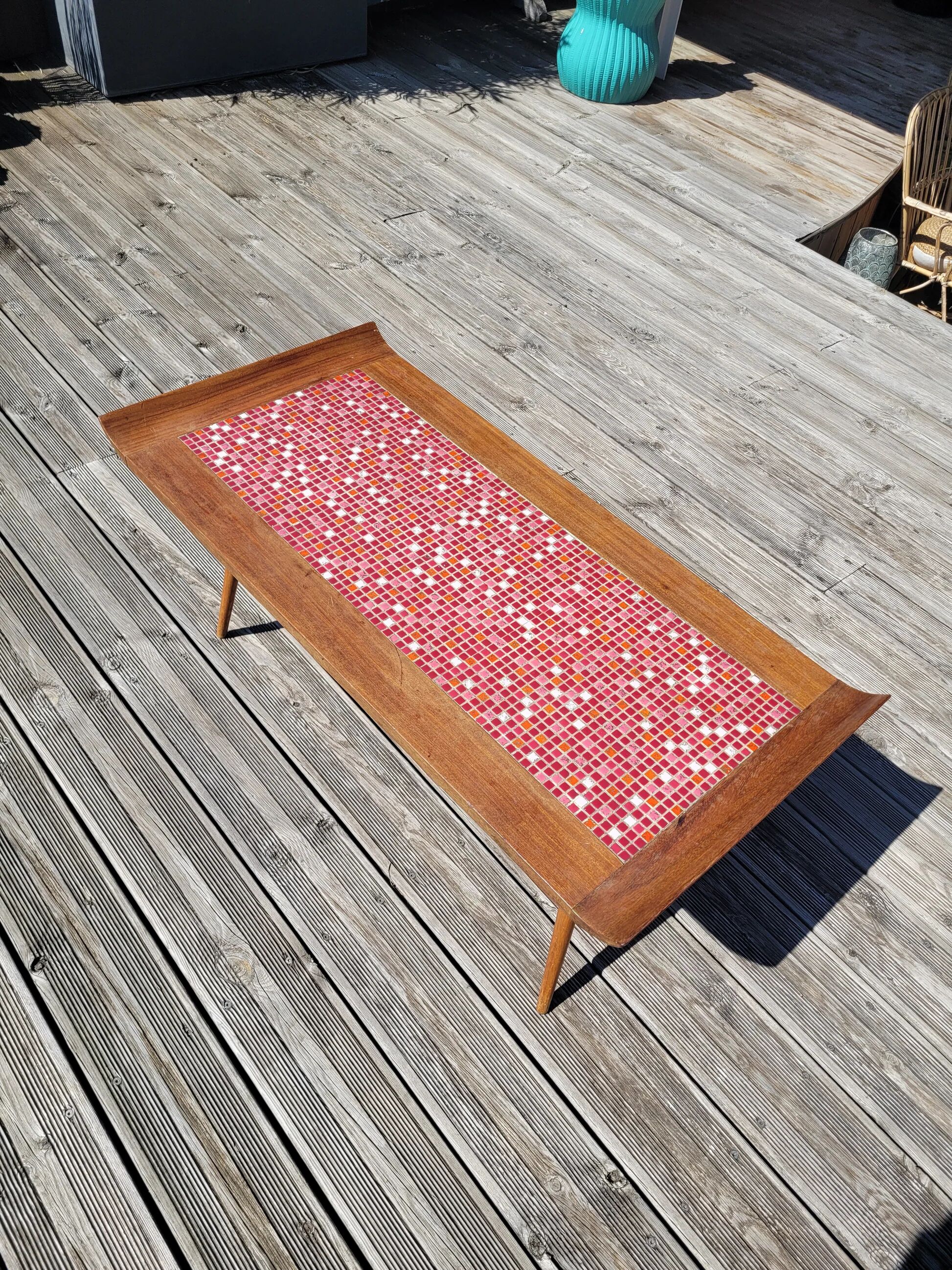 Vintage coffee table in teak and mosaic.