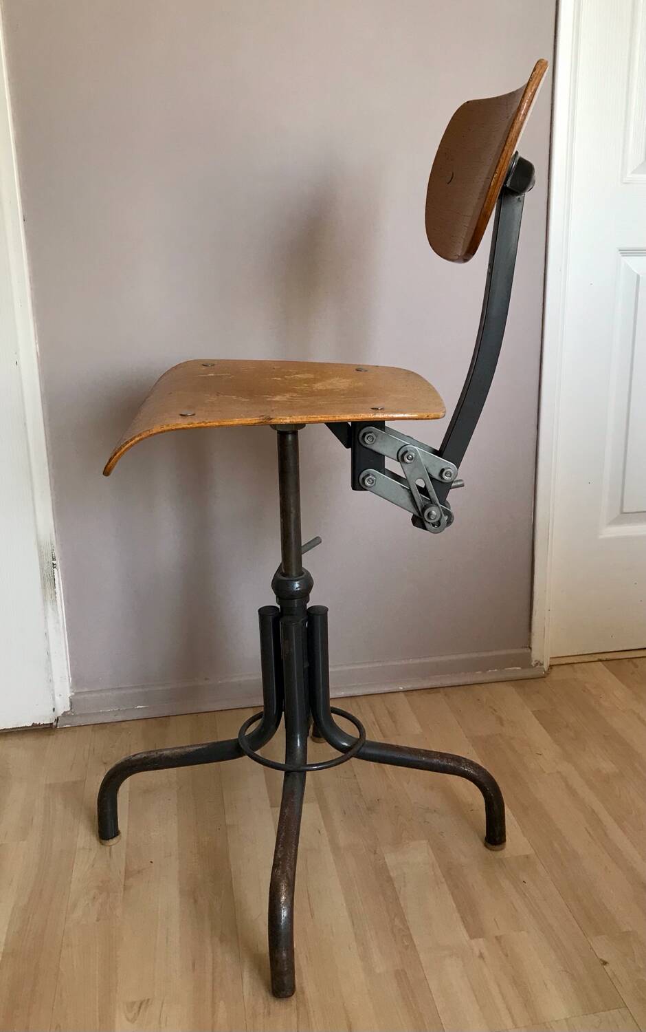 Vintage industrial workshop chair/stool in wood and metal