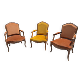 Louis XV armchair suite in carved wood – ochre and saffron velvet