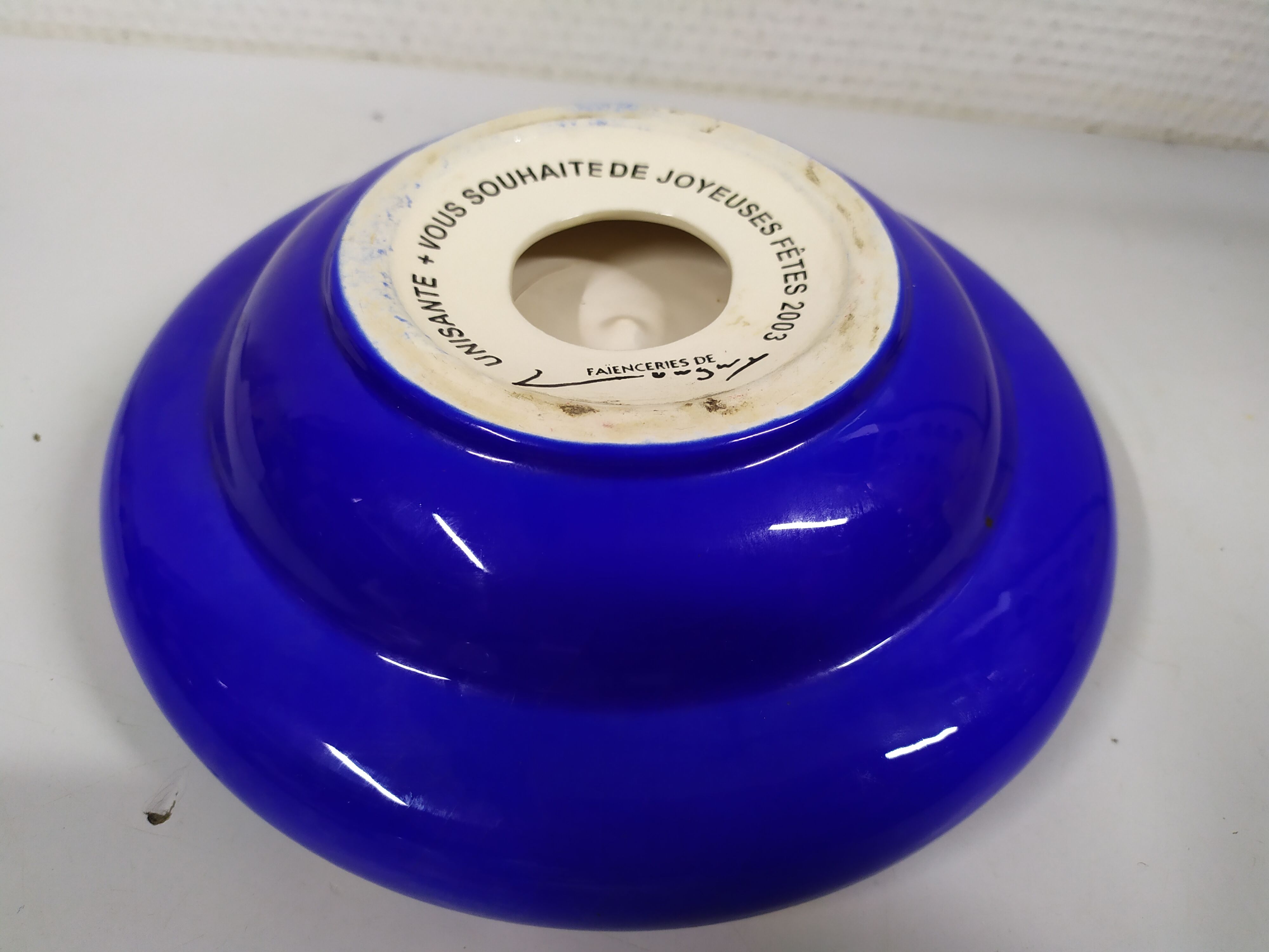 Vintage enamelled longwy blue and gold pocket cup