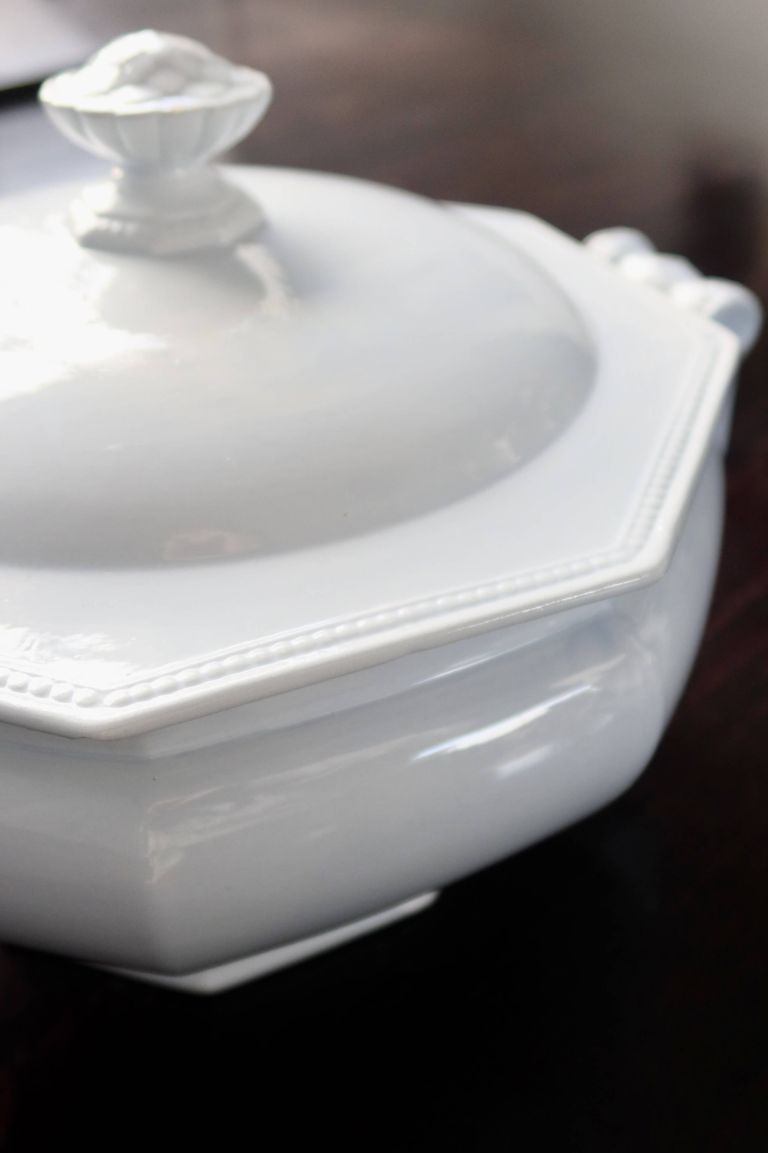 Antique Creil and Montereau earthenware tureen with blue pearl motif