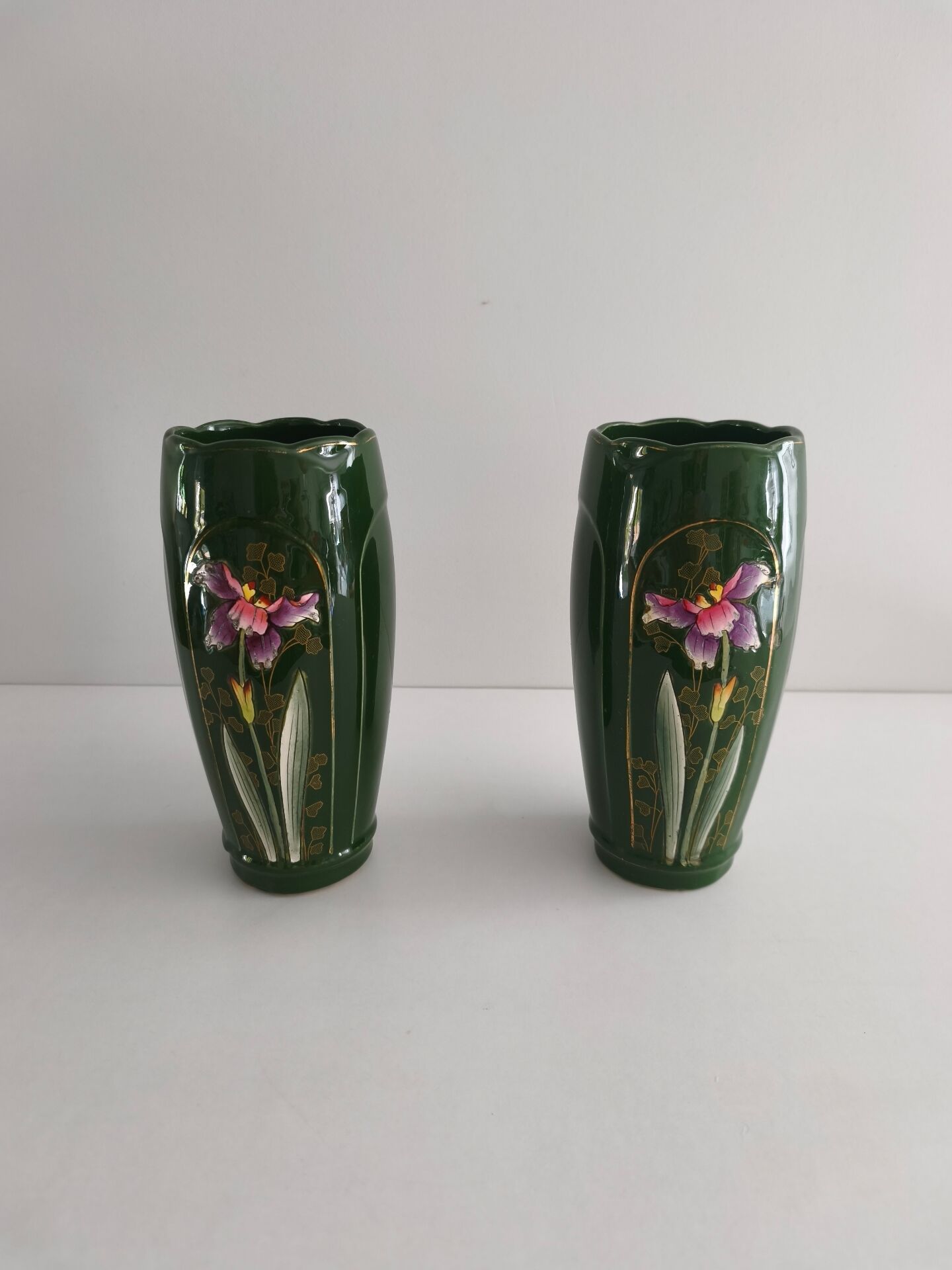 Pair of vintage empire green ceramic vases – Iris decoration & gilding