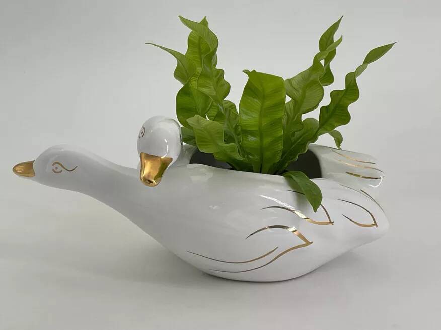 Vintage white and gold porcelain two swan planter