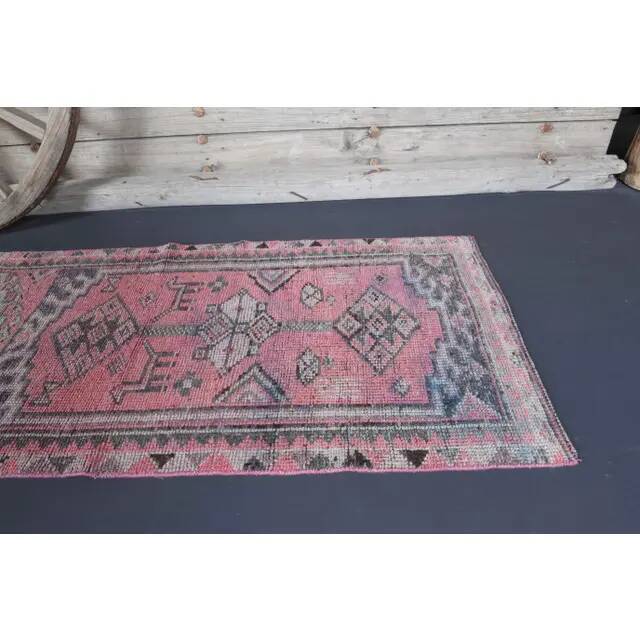 Vintage Turkish Oushak handmade wool cotton pink runner rug 84x379