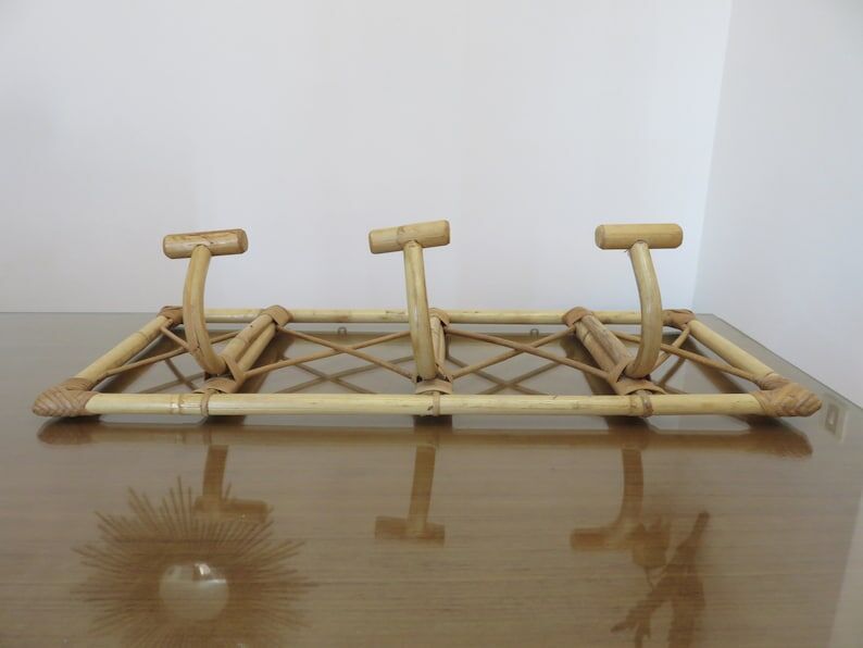 Bamboo rattan coat rack, 3 hooks 70s
