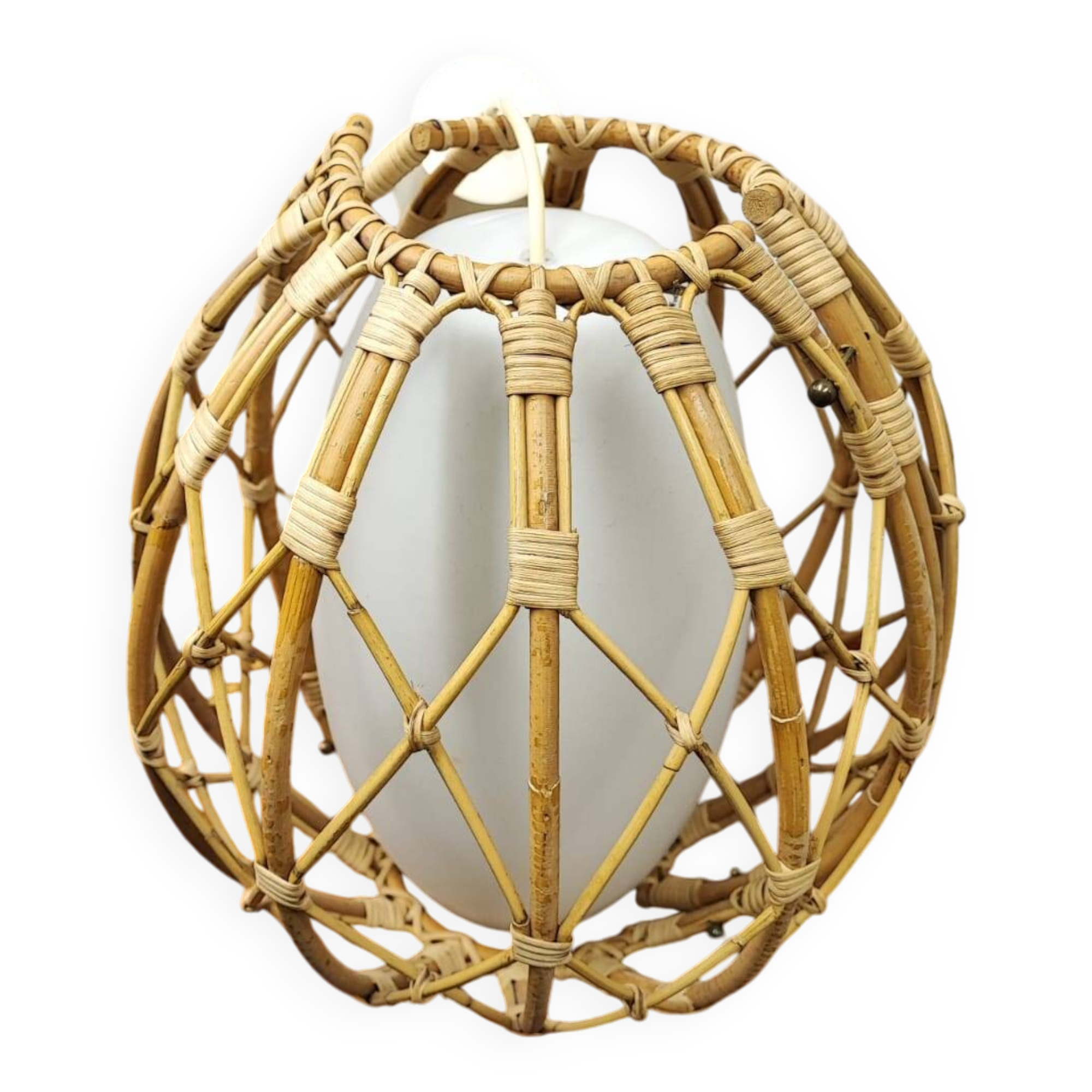 Vintage rattan and opaline pendant light