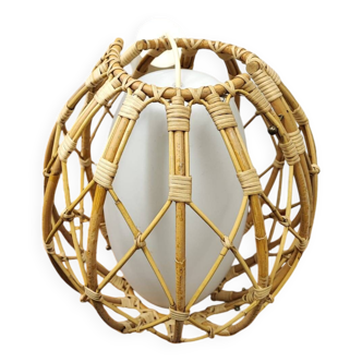 Vintage rattan and opaline pendant light