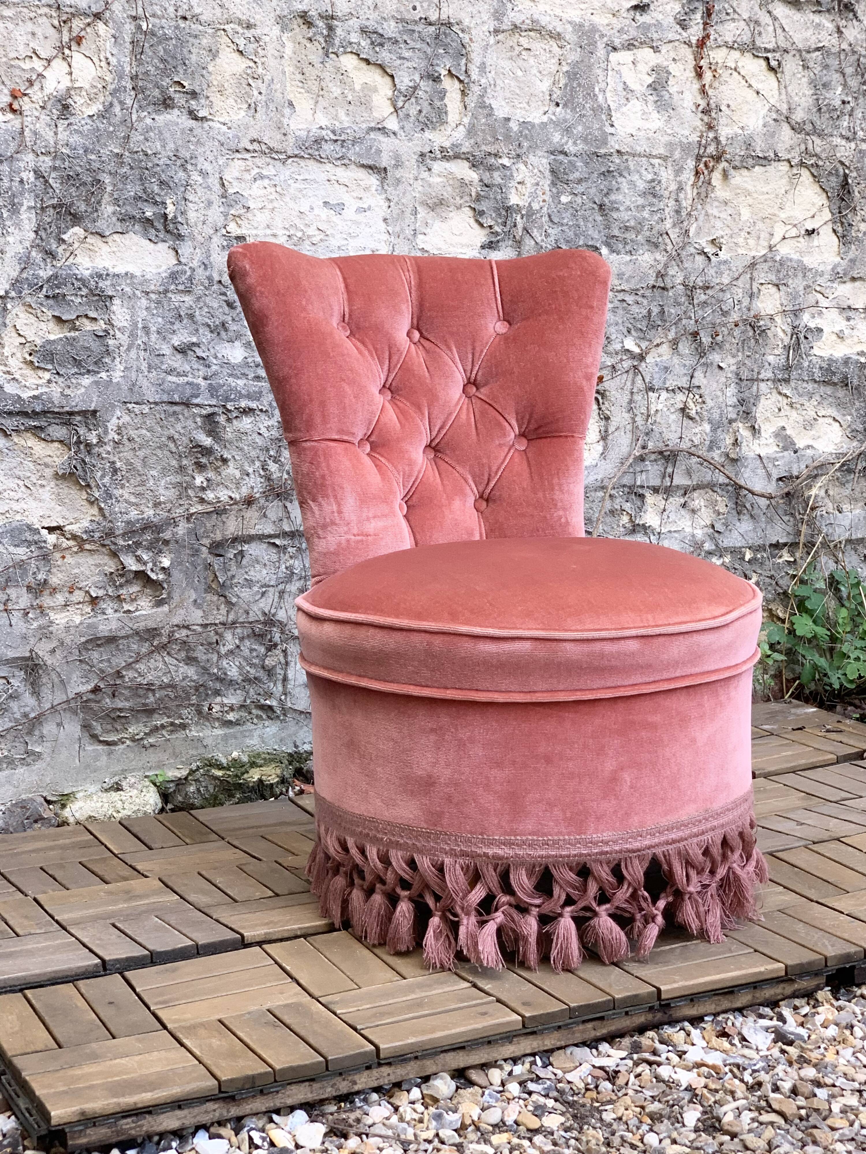 Pink velvet padded toad armchair 1970