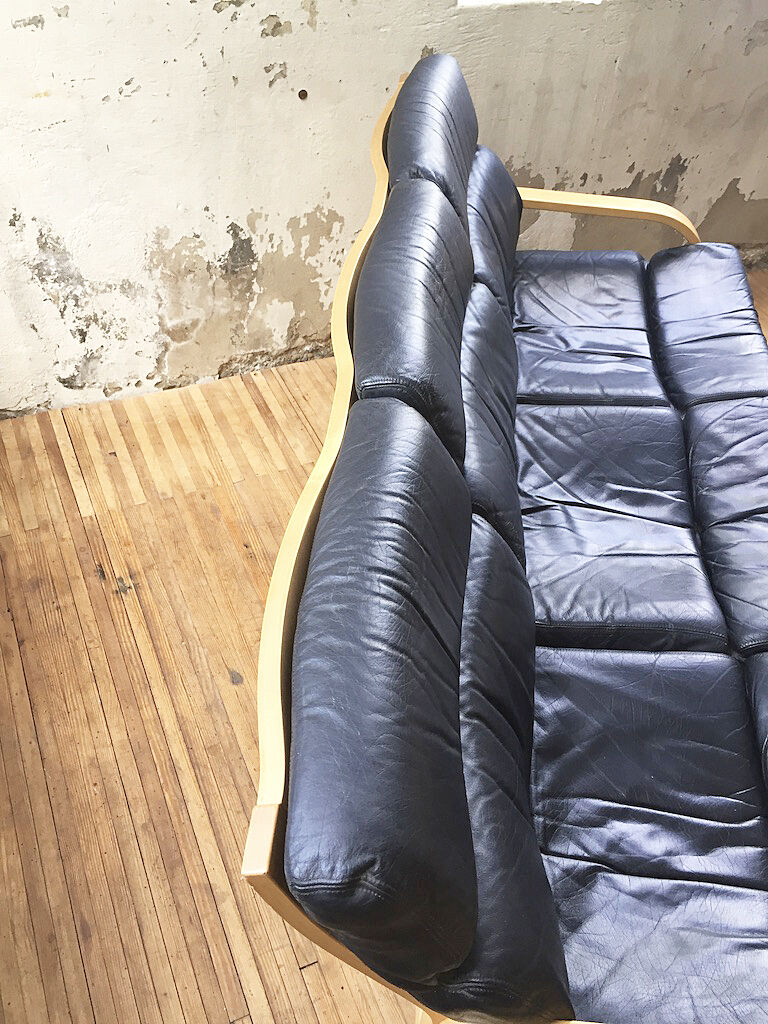 Danish sofa and armchairs curved wood and leather