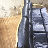 Danish sofa and armchairs curved wood and leather