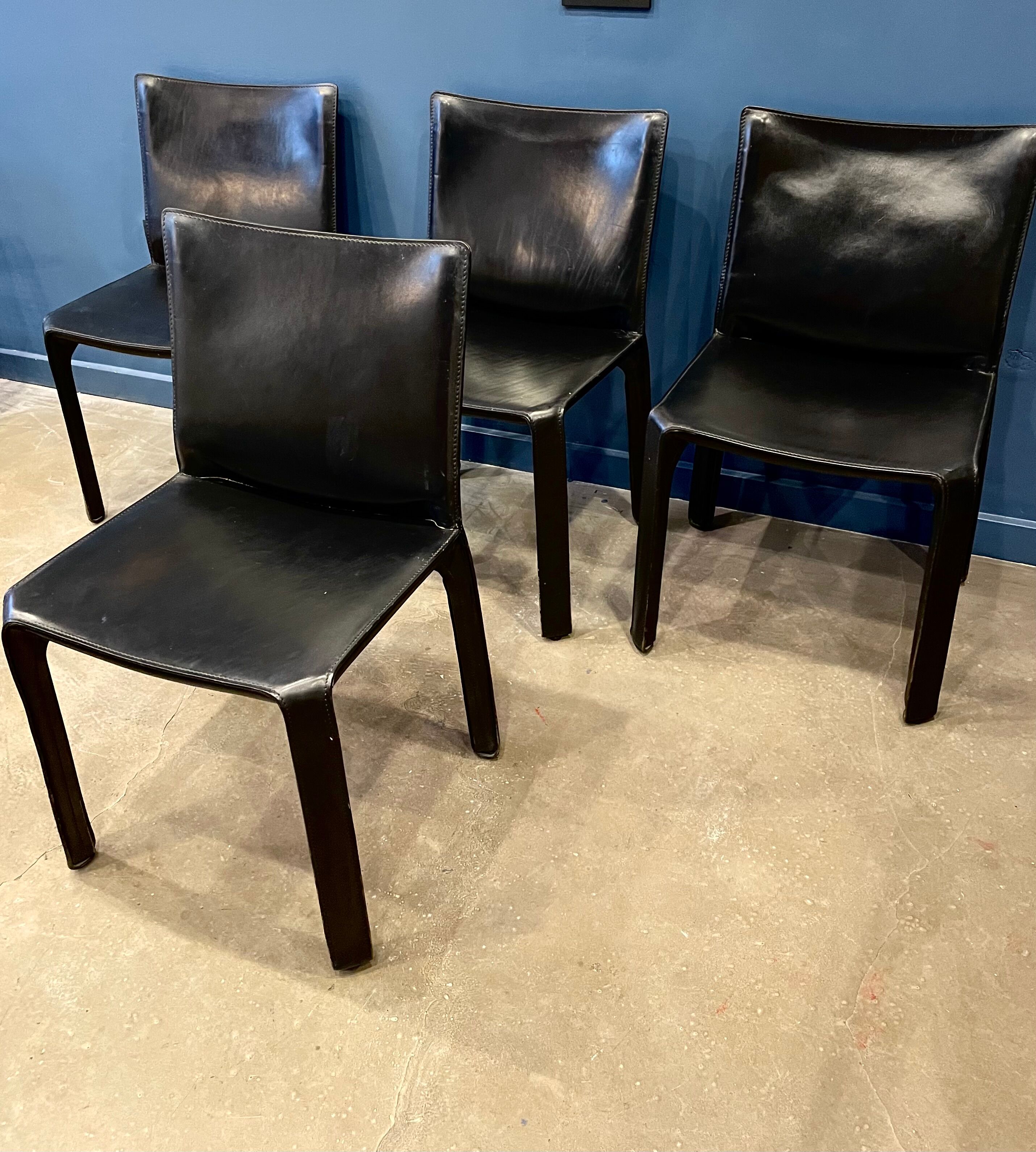 4 black leather chairs 412 cab by Mario Bellini signed Cassina
