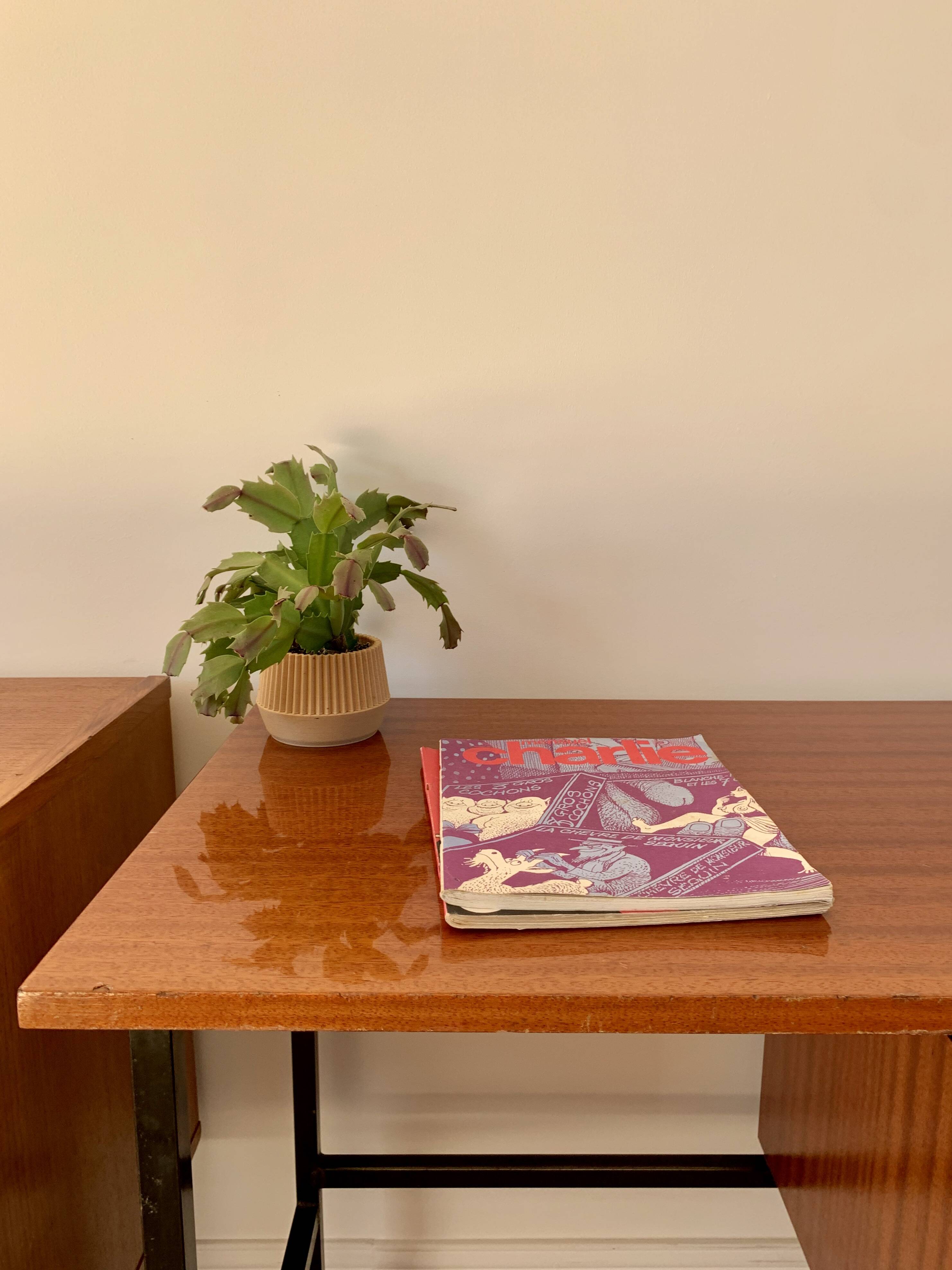 lacquered wood desk and black steel legs design from the 60s and 70s