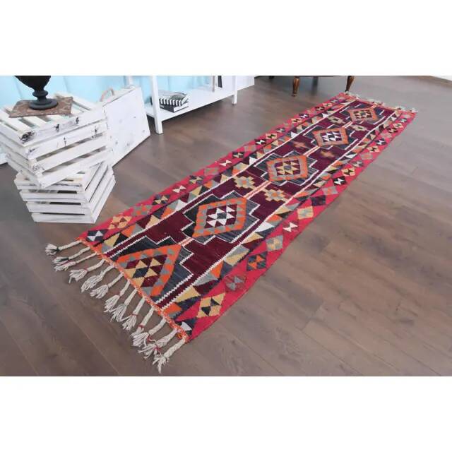 1970s Vintage Turkish Hand-Knotted Wool Cotton Purple Runner Rug 83x310