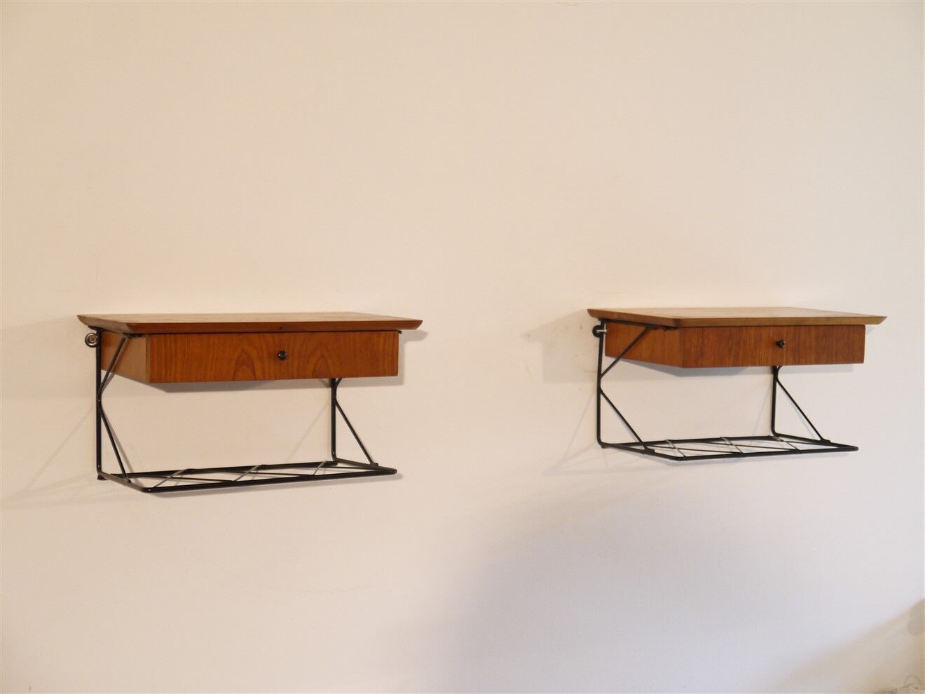 Pair of Scandinavian wall bedside tables in teak 1960