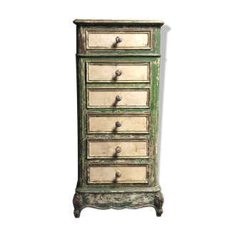 Ancien chiffonnier en bois, patine verte vieillie