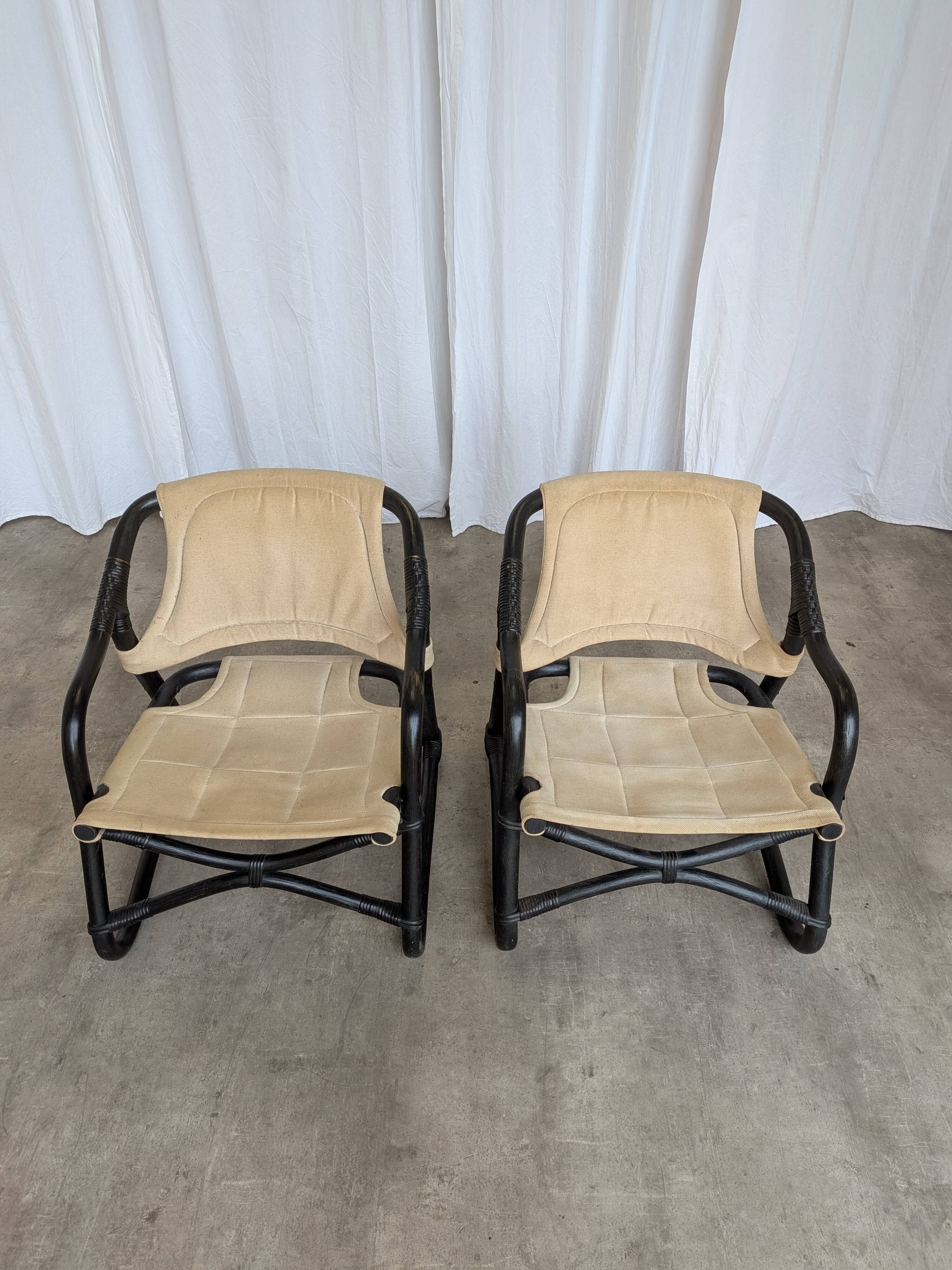 2 Vintage Espri Safari Lounge Armchairs / Rare Mid-century Black Bamboo and Beige Fabric Easy C