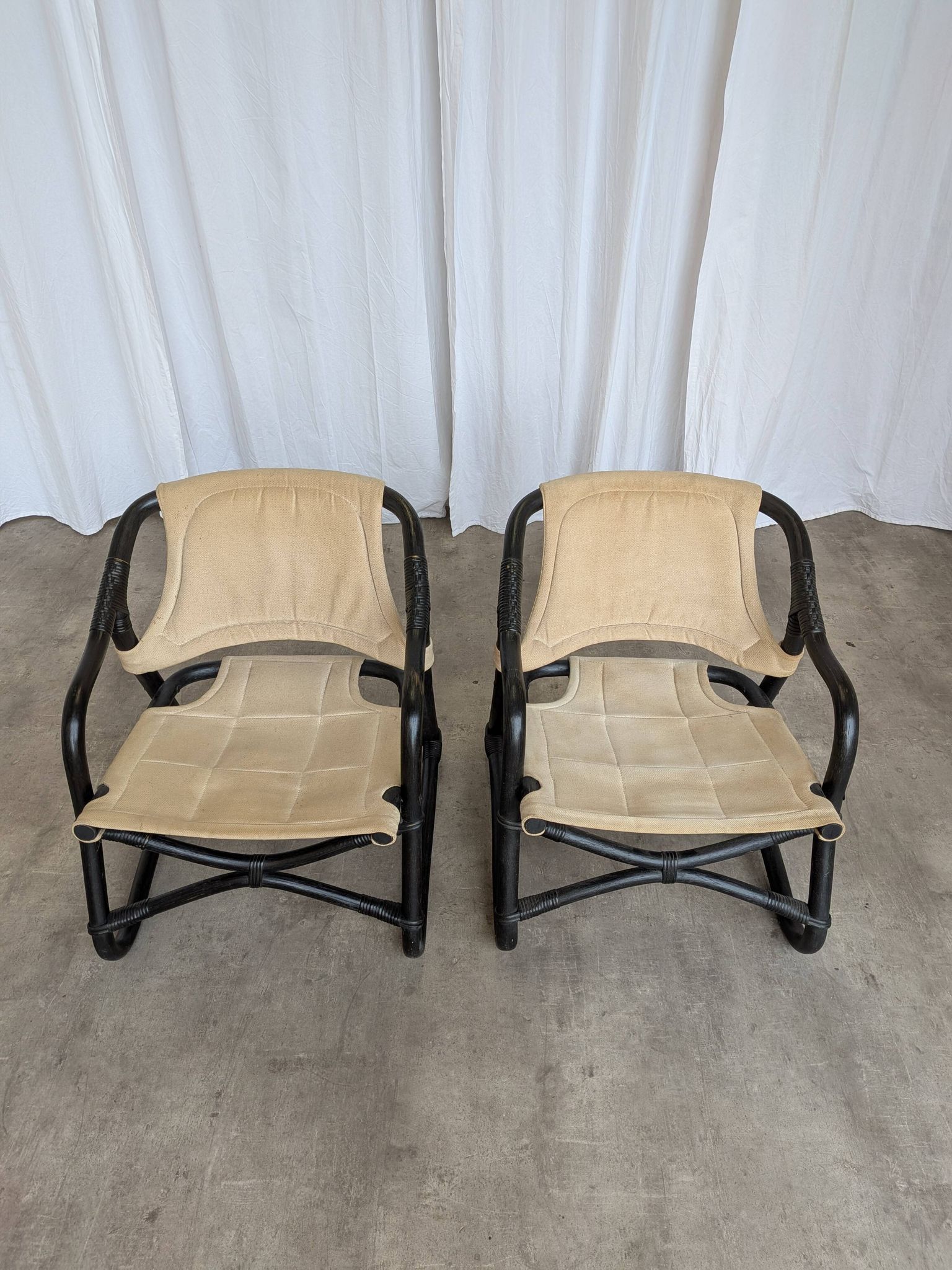 2 Vintage Espri Safari Lounge Armchairs / Rare Mid-century Black Bamboo and Beige Fabric Easy C
