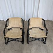 2 Vintage Espri Safari Lounge Armchairs / Rare Mid-century Black Bamboo and Beige Fabric Easy C