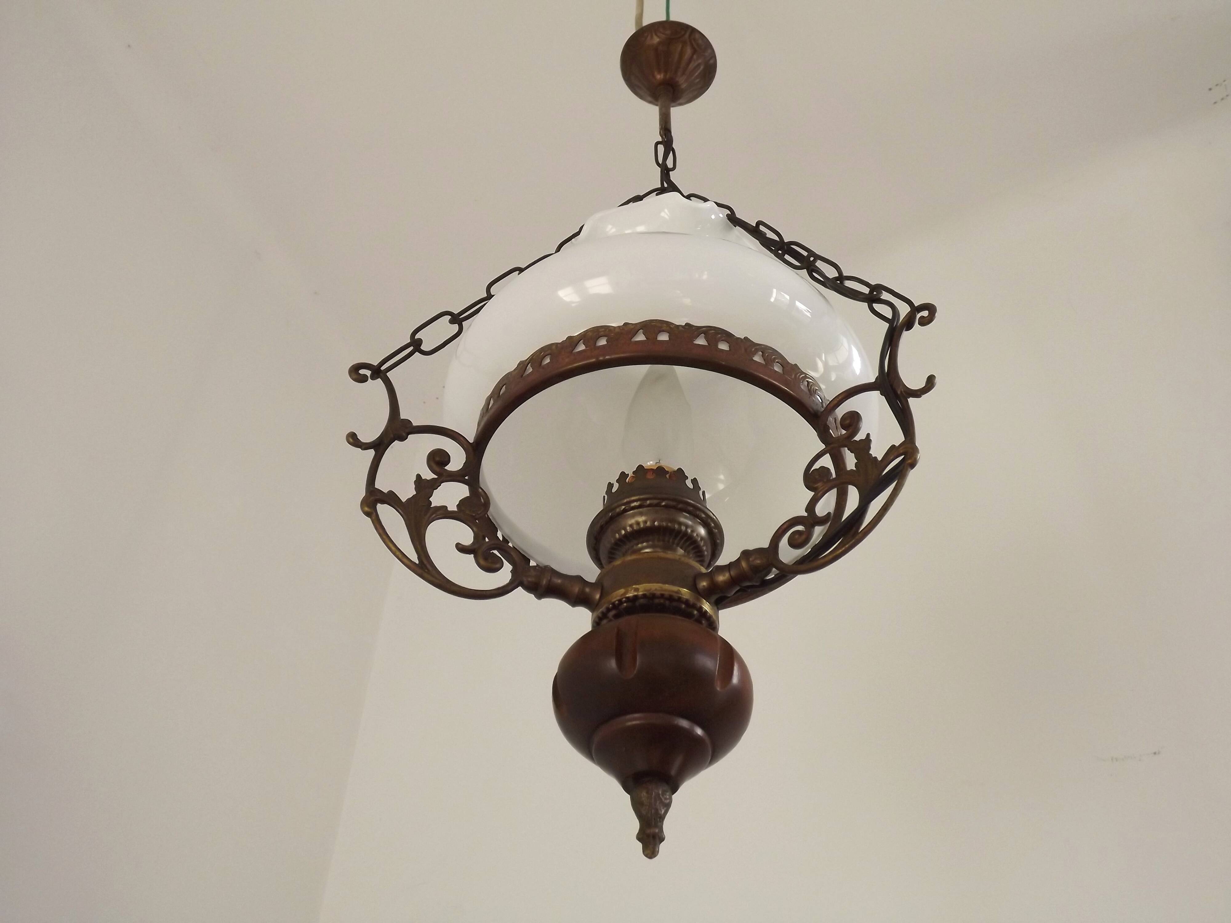 French Vintage Brass Metal And Wood Lantern Ceiling Light White Glass Shade 5120