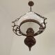 French Vintage Brass Metal And Wood Lantern Ceiling Light White Glass Shade 5120