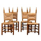 Spanish brutalist rustic Dining Chairs in Oak and Rush
