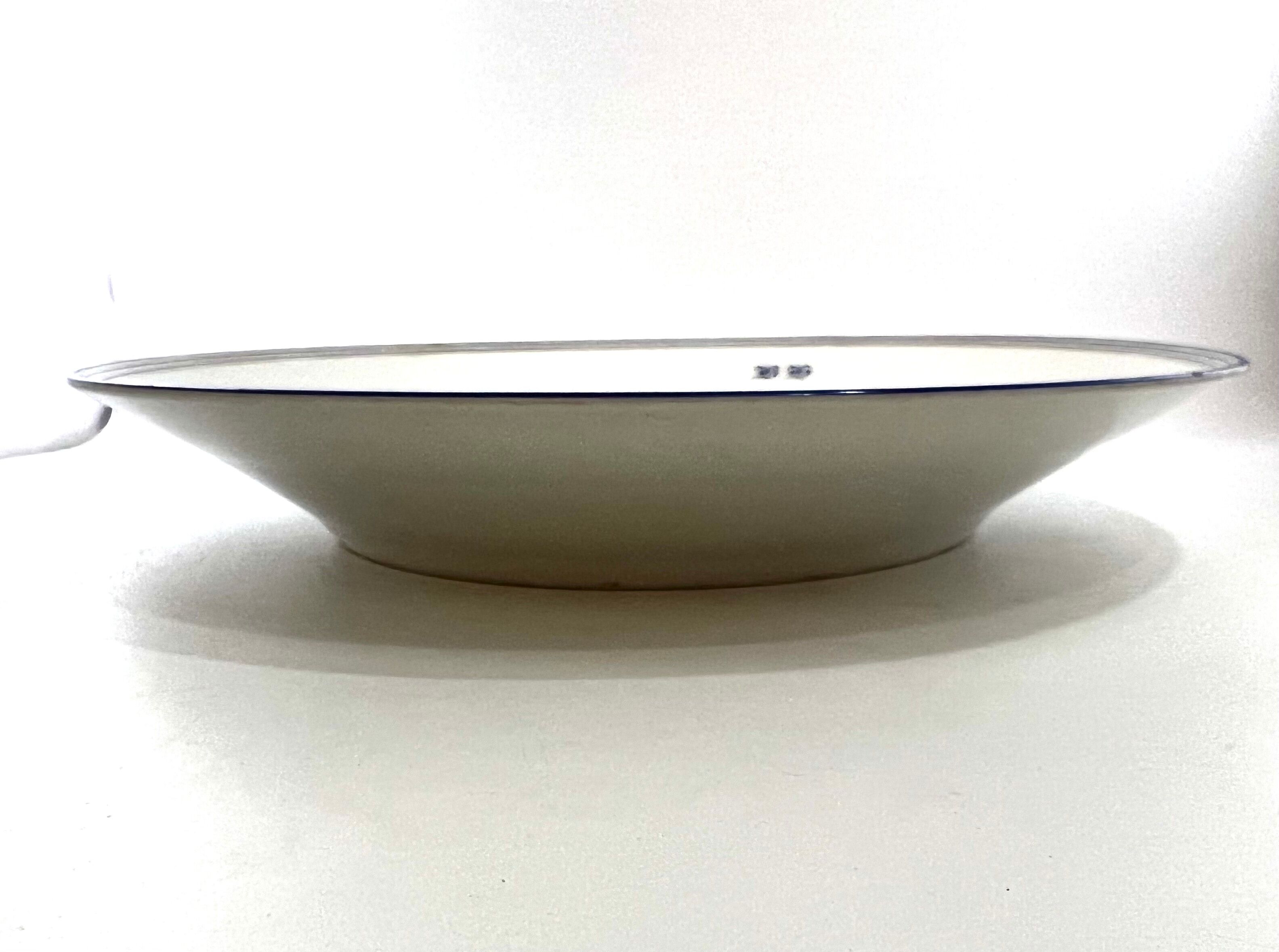 Round dish white monogrammed with blue border 34cm