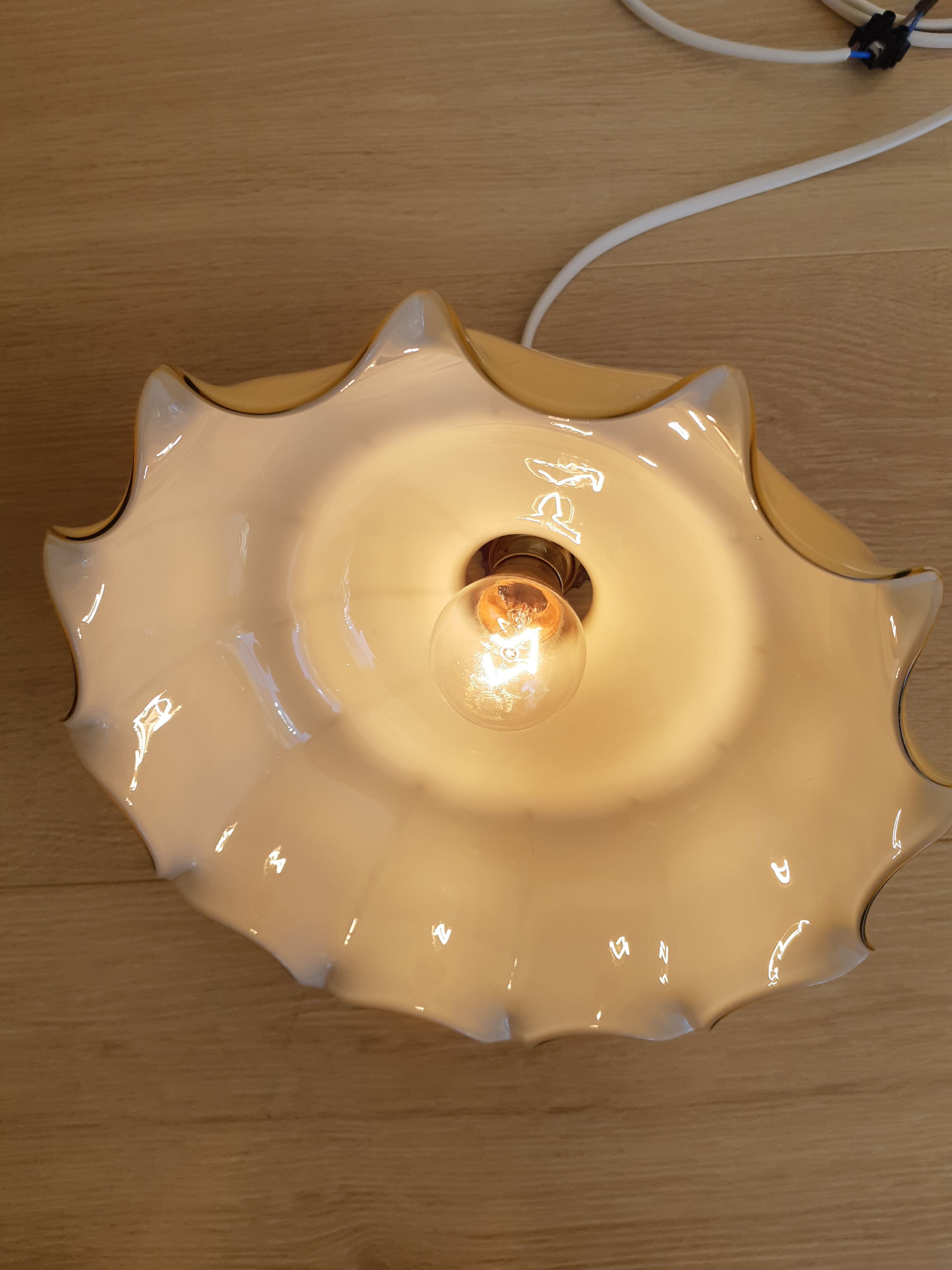 Pendant lamp chandelier, vintage yellow and white glass luminaire, petticoat shape, vintage french