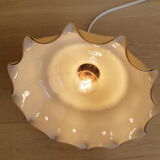 Pendant lamp chandelier, vintage yellow and white glass luminaire, petticoat shape, vintage french