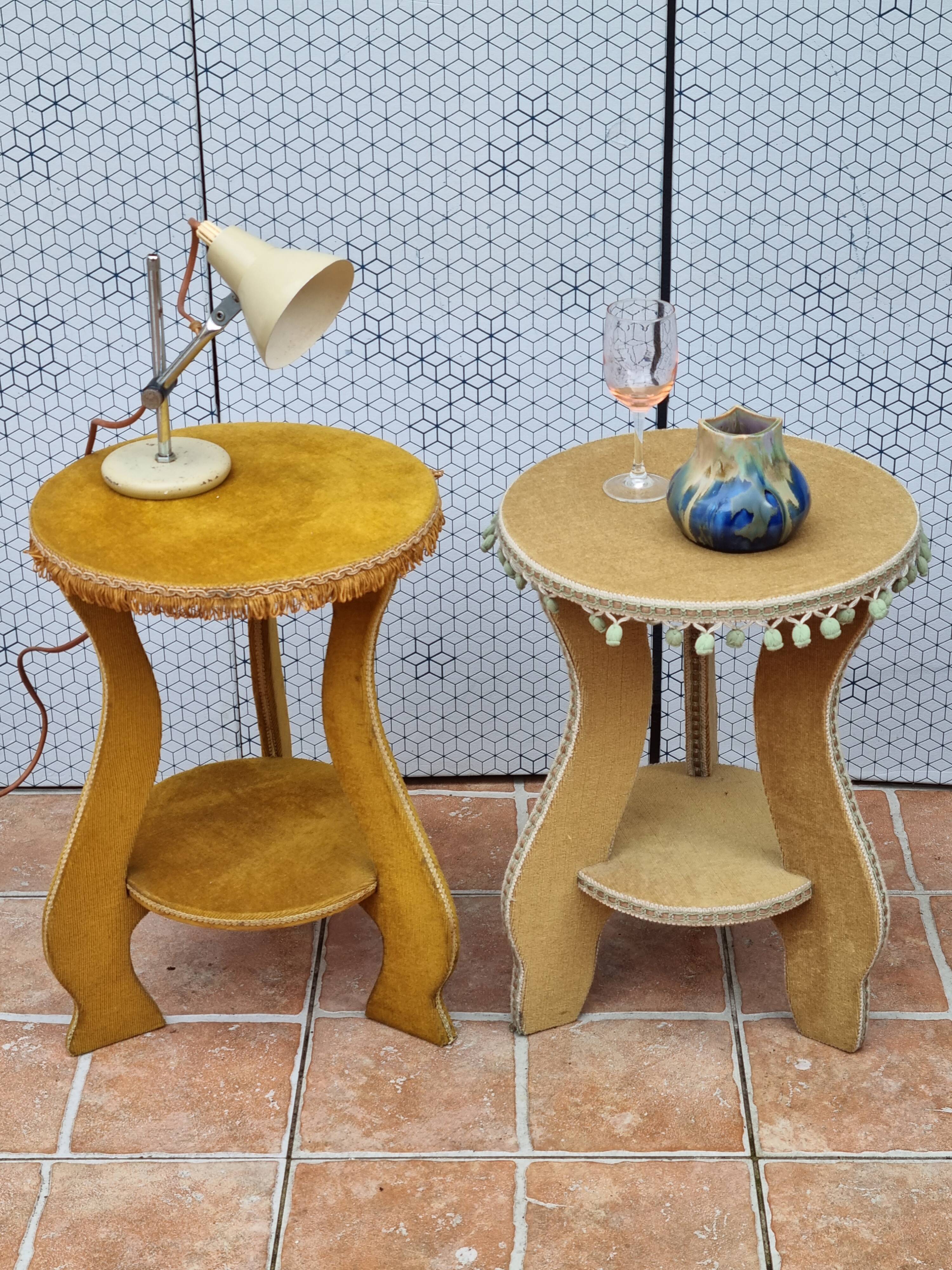 Pair of vintage velvet upholstered pedestal tables – 1950s, 44 cm high