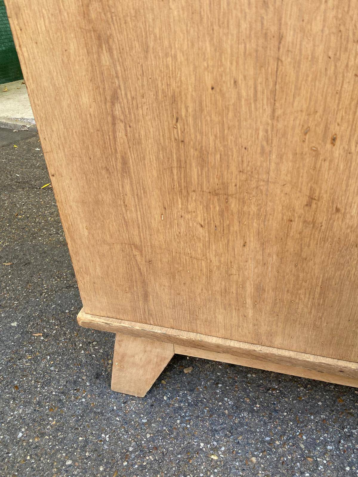 Vintage 1950s oak enfilade buffet with tapered legs.
