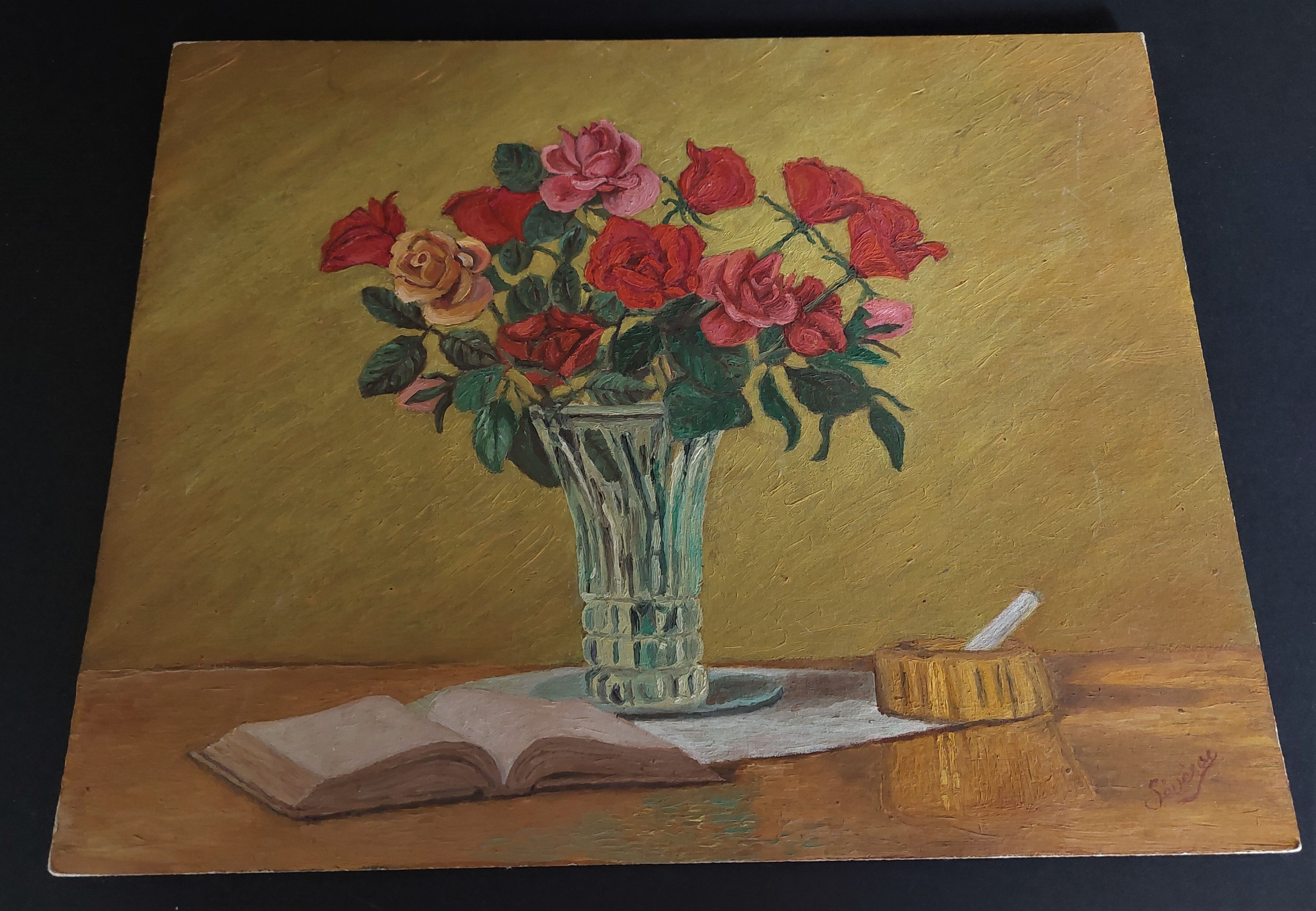 Oil on cardboard table bouquet of flowers