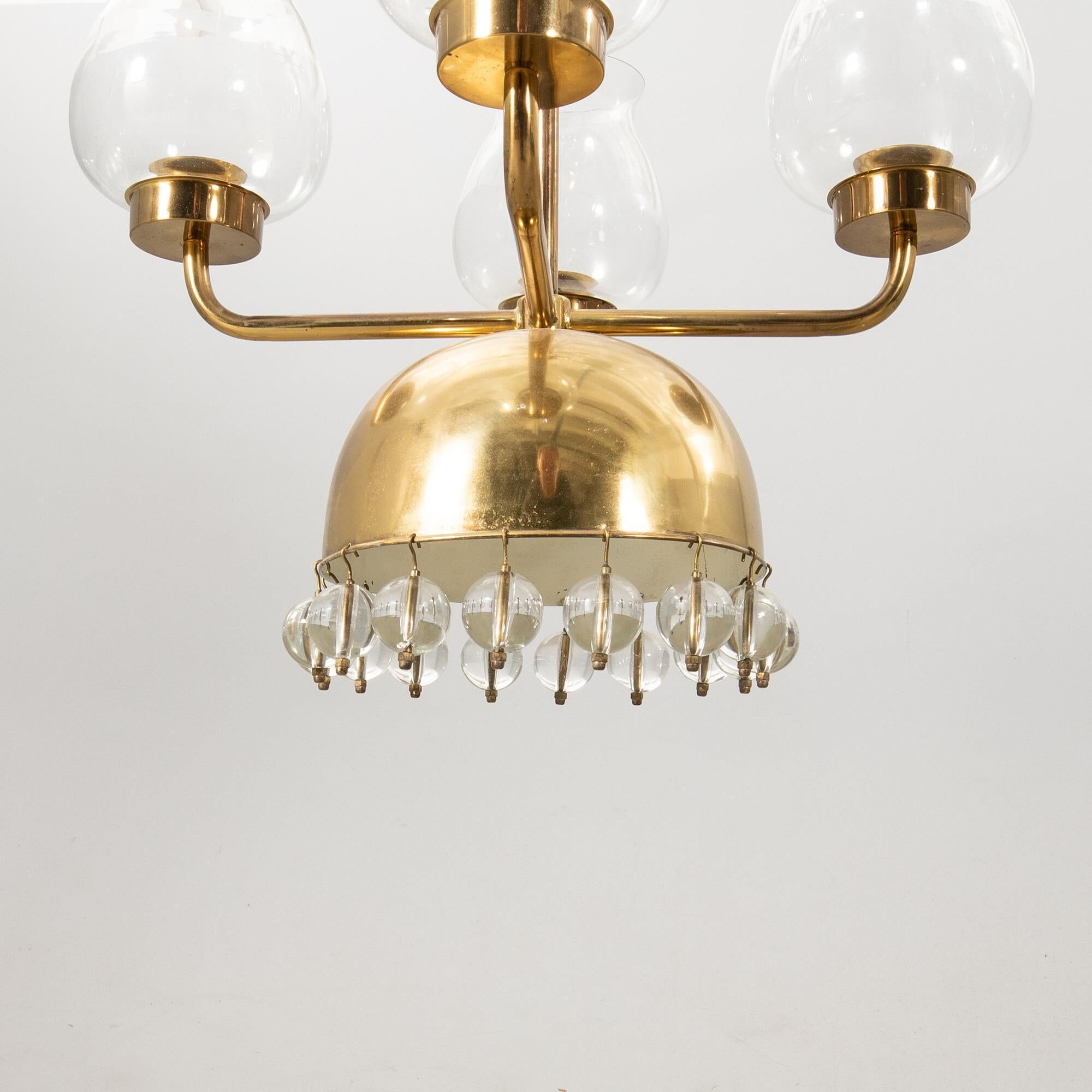Chandelier Erik Höglund Brass and glass Sweden 1960