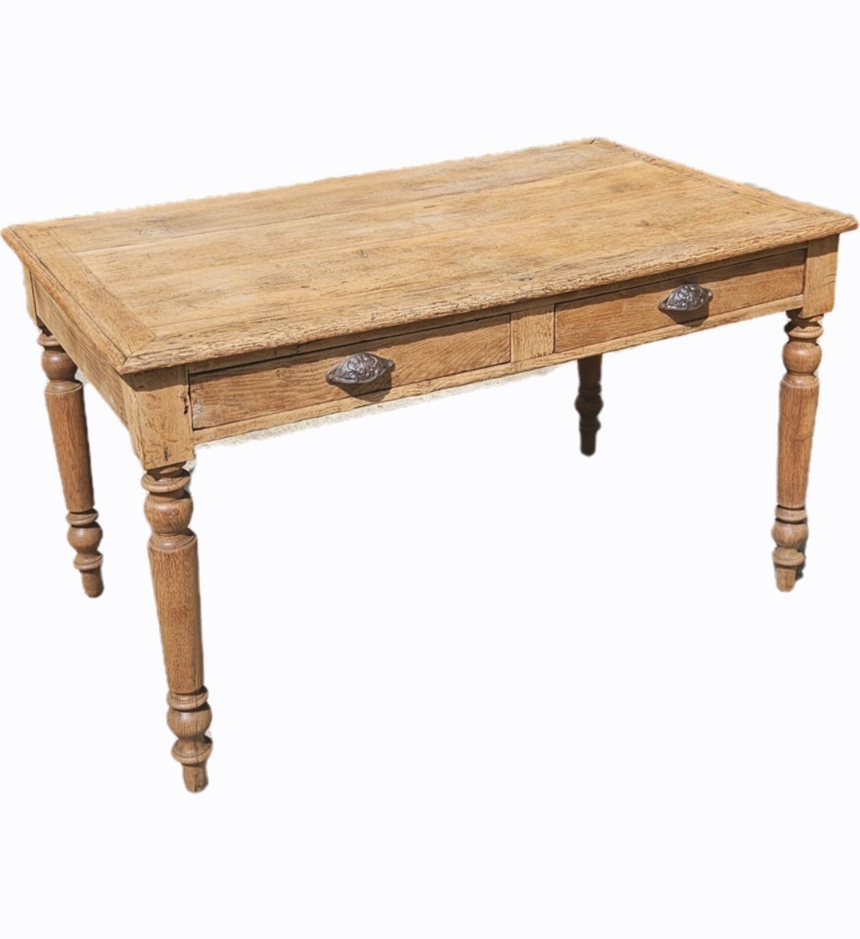 Farmhouse table, solid oak wood, raw finish, shell handles, for 6 people.