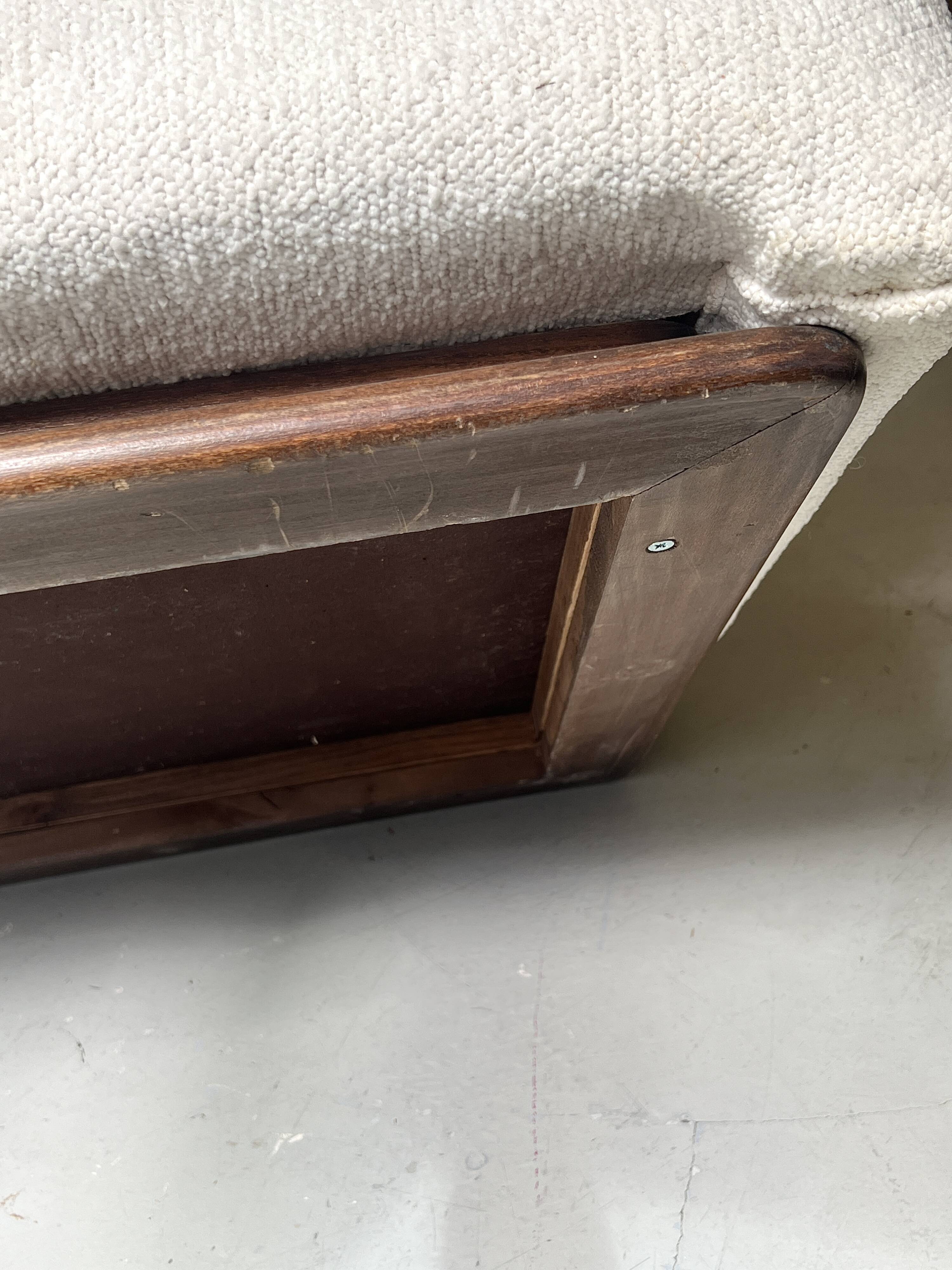 Italian off-white chenille armchair with a wooden base, 1970s design.
