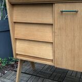 Buffet commode vintage pieds compas chêne clair 1960