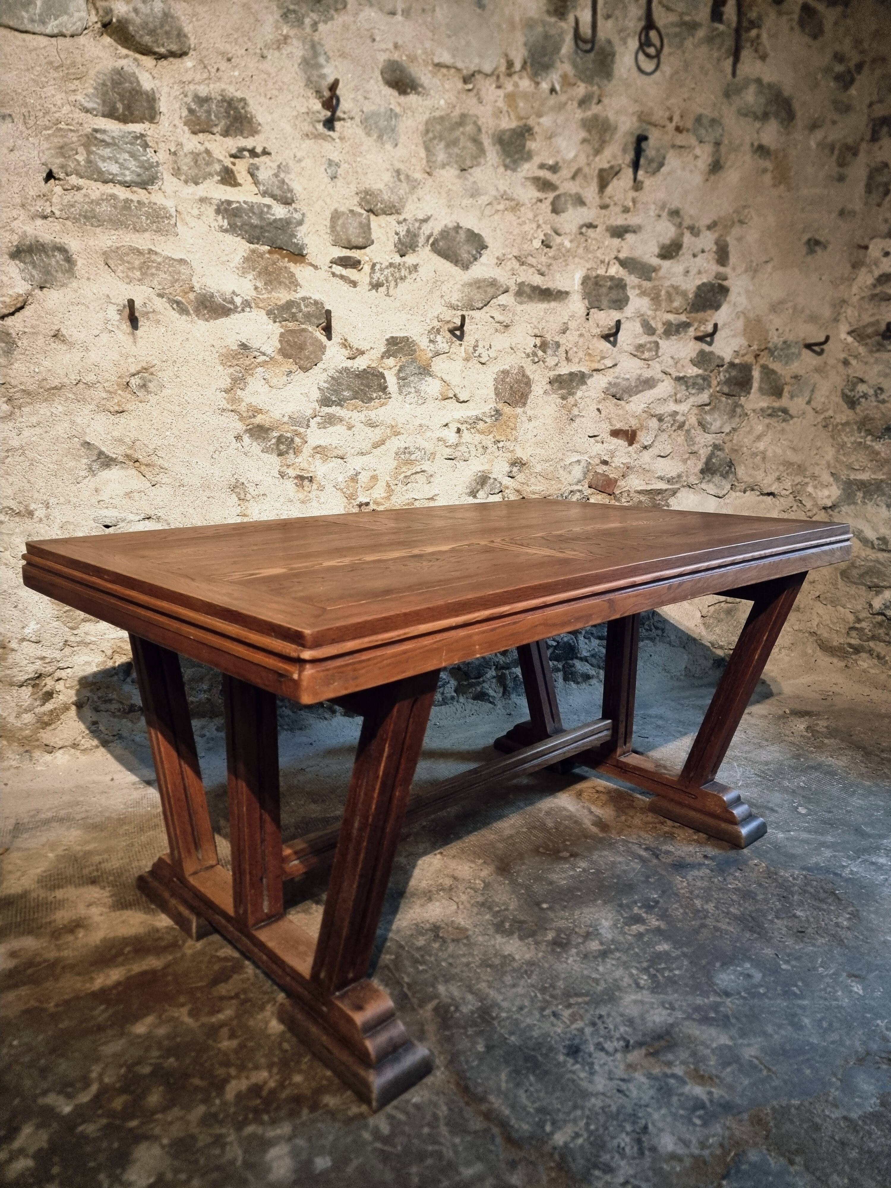 French vintage table in solid oak, Arts & Crafts style, 1930s–1940s.