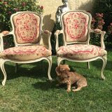 Pair of Louis XV period lacquered cabriolet armchairs, 18th century