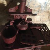 Stove, miniature cast iron stove + utensils