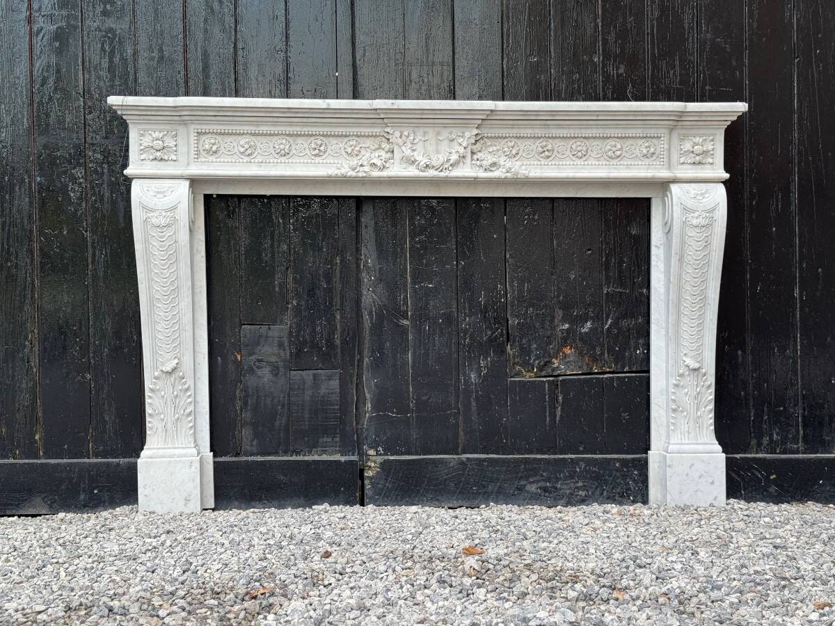 Louis XVI Style Fireplace in Very Finely Carved Carrara Marble