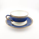 Antique Wedgwood teacup and saucer, bone china. Powder blue and gold English cup and saucer, 1900s