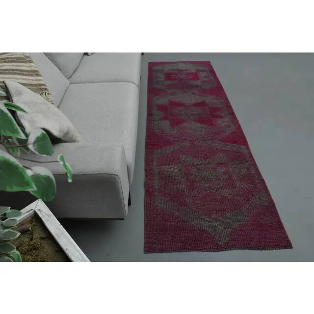 1970s Vintage Turkish Oushak Handmade Wool Cotton Purple Runner Rug 86x261