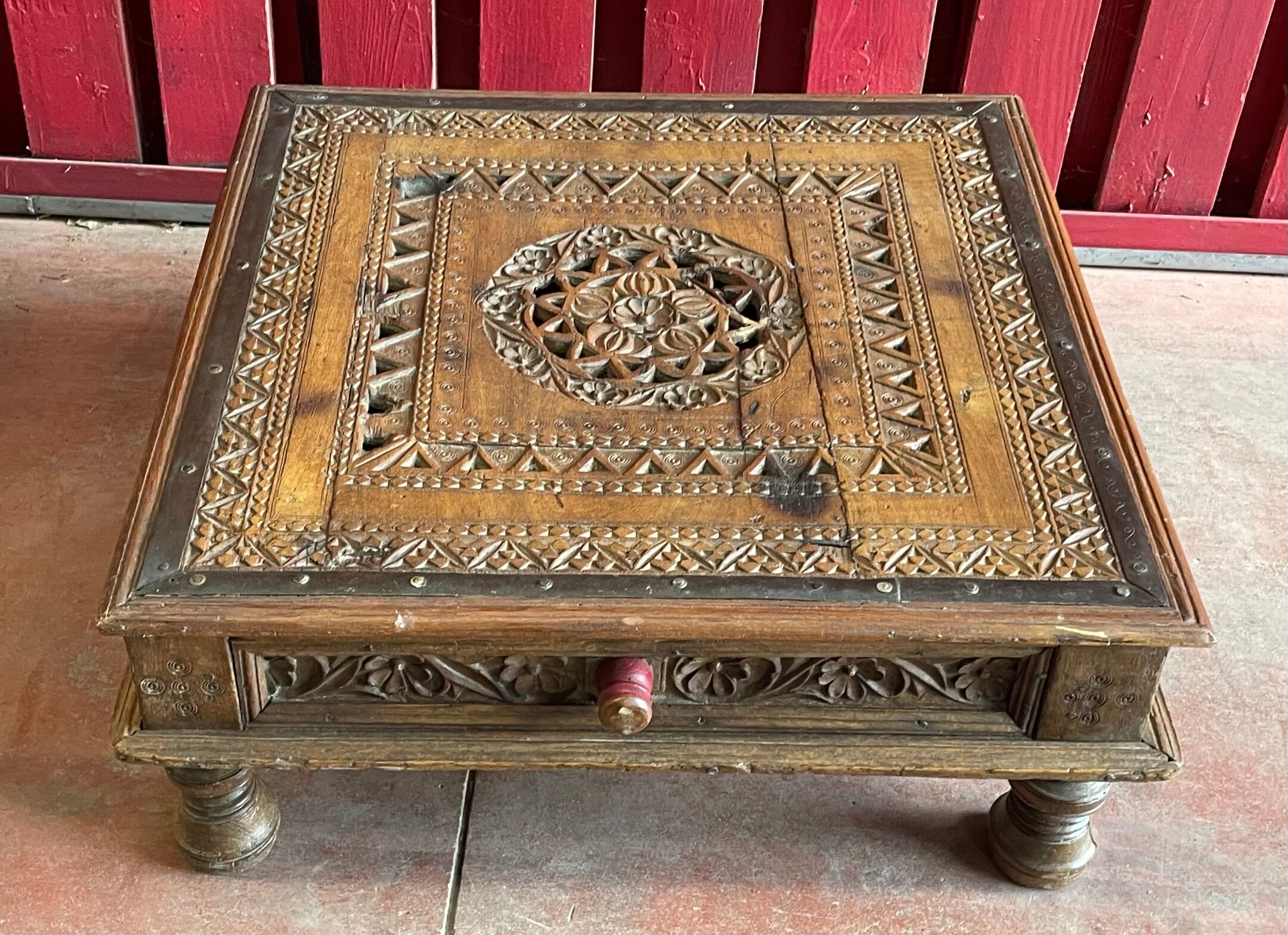 Solid teak wood coffee table carved by hand, India