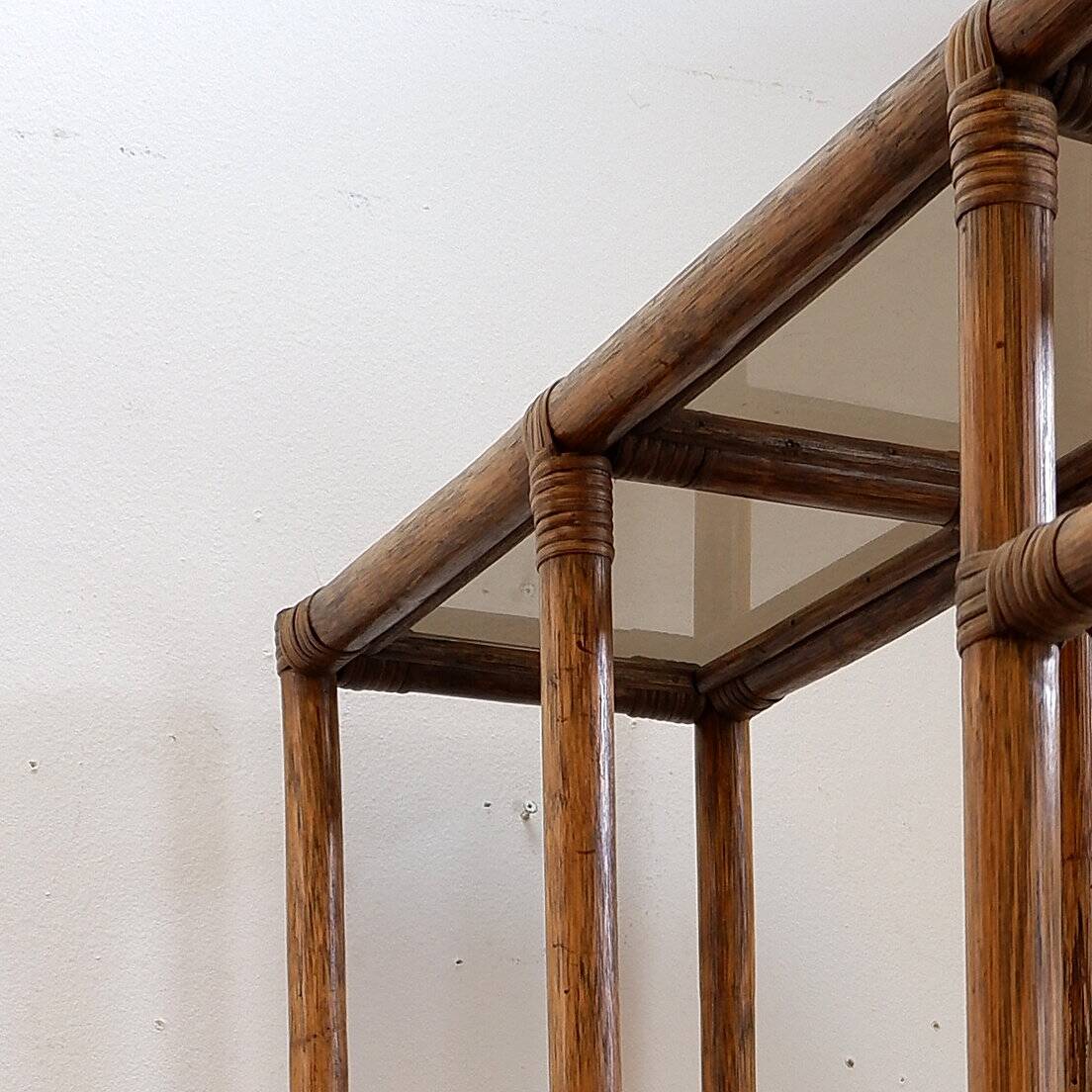 Asymmetrical bamboo and smoked glass shelf - 1970s