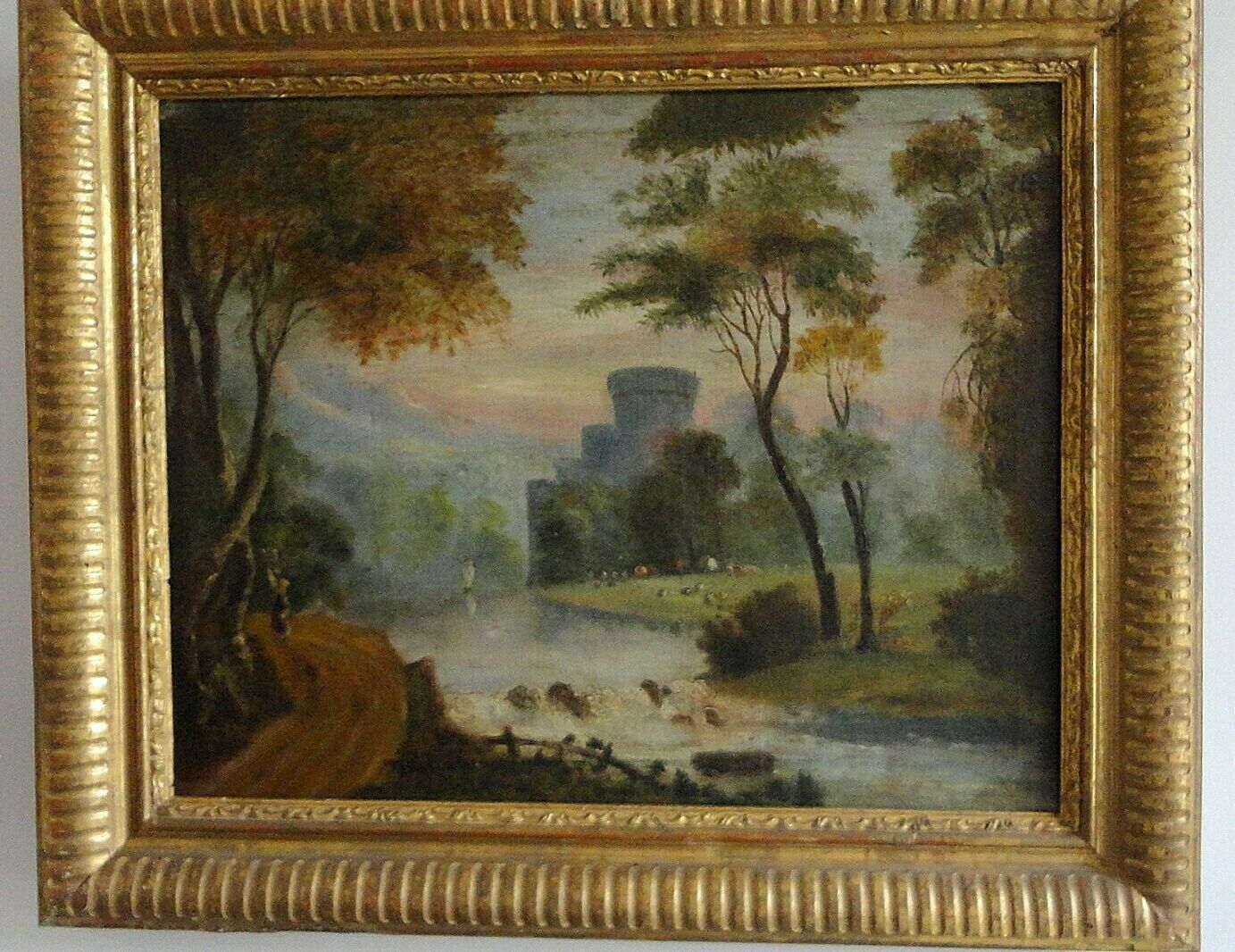 Oil french school XVIII, landscape with ruin trumeau