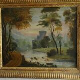 Oil french school XVIII, landscape with ruin trumeau