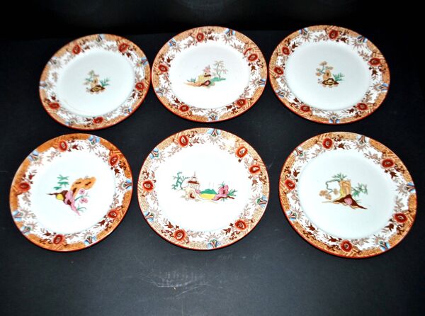 Sarreguemines service à dessert 12 assiettes faïence opaque bambou décor chinois asiatique polychrome