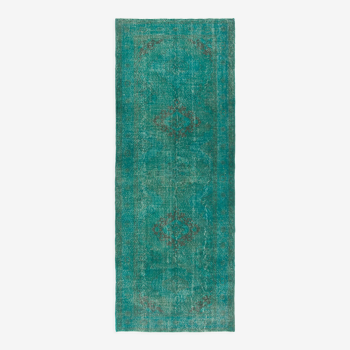 Handmade vintage turkish runner rug over-dyed in teal color, corridor carpet. y568