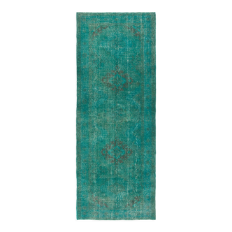 Handmade vintage turkish runner rug over-dyed in teal color, corridor carpet. y568